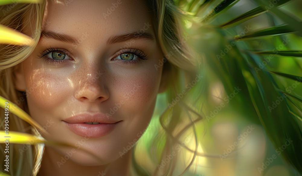 Fototapeta premium Portrait of woman with natural makeup, beautiful green eyes and beauty salon cosmetics advertising for skin, hair and face products, leaves and exotic tropical theme background