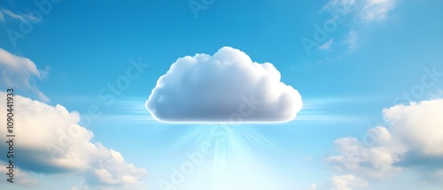 A large fluffy cloud against a bright blue sky with light rays emanating from it, surrounded by smaller clouds. Concept Fluffy Clouds, Bright Blue Sky, Light Rays, Scenic Nature, Cloud Formation photo