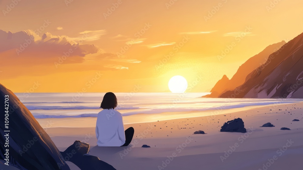 Fototapeta premium Serene Sunset on the Beach with Gentle Waves