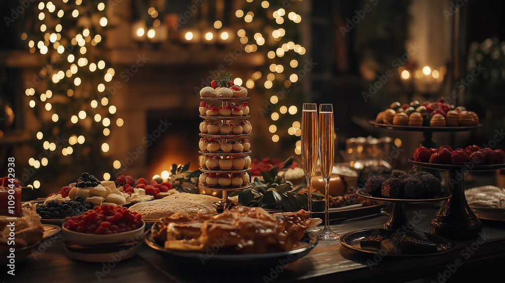 Fototapeta premium Elegant New Year’s Celebration Table With Champagne Tower, Festive Treats, and Twinkling Fairy Lights, Creating a Warm, Dimly Lit, and Welcoming Atmosphere