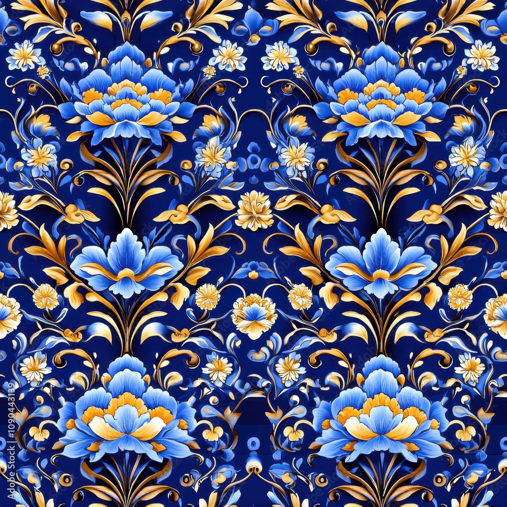 Richly detailed Chinese fabric seamless pattern with intricate floral designs in blue and gold tones, perfect for textiles and home decor Richly detailed Chinese fabric seamless pattern with intricate floral designs in blue and gold tones, perfect for textiles and home decor