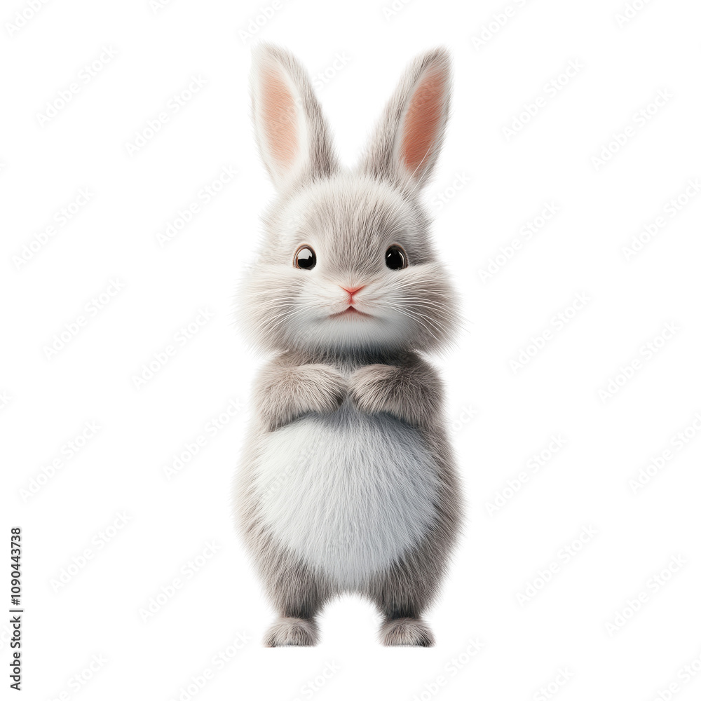 Obraz premium Cute and Fluffy Cartoon Rabbit with Big Ears Standing Upright Against a Transparent Background for Illustrative and Creative Use in Various Projects