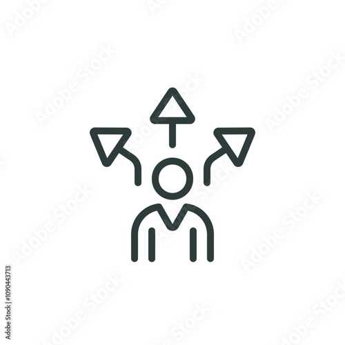 Opportunity, choice option, select possibility path outline icon. Line sign silhouette man and three arrows in different directions. Vector isolated pictogram on white background editable stroke.