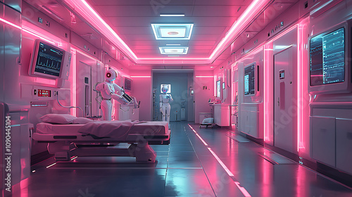 futuristic hospital featuring AI powered healthcare technology, illuminated by vibrant pink lights. sterile environment showcases advanced medical equipment and robotic assistance