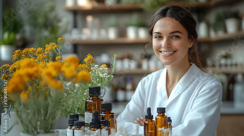 woman in white lab coat smiles warmly, surrounded by herbal remedies and flowers. setting is bright and inviting, reflecting holistic approach to health