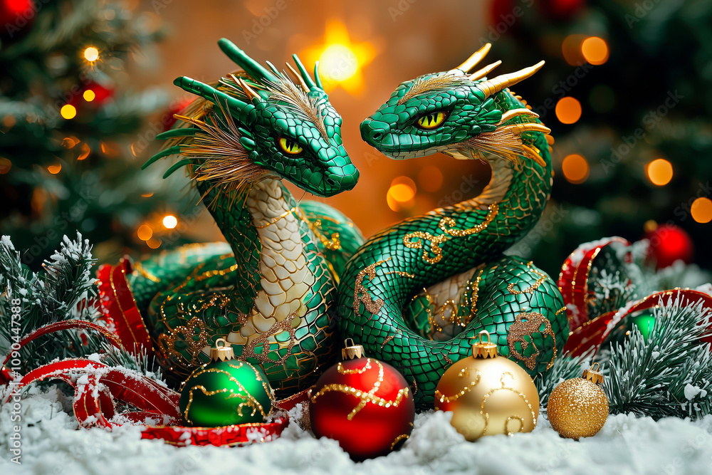 Fototapeta premium Symbolic transition of green dragon into green snake in a holiday setting