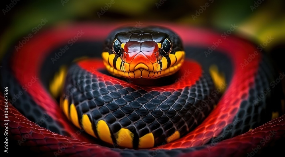 A close-up of a vibrant, multicolored snake with striking patterns and colors. A close-up of a vibrant, multicolored snake with striking patterns and colors.