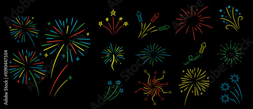 Fireworks with stars and sparks on black background. Festival colorful fireworks. Holiday vector set.