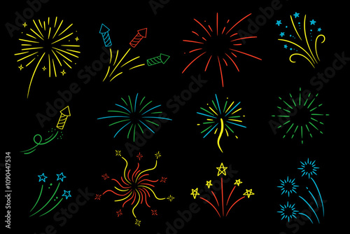 Colorful fireworks with stars and sparks on black background. Vector set.