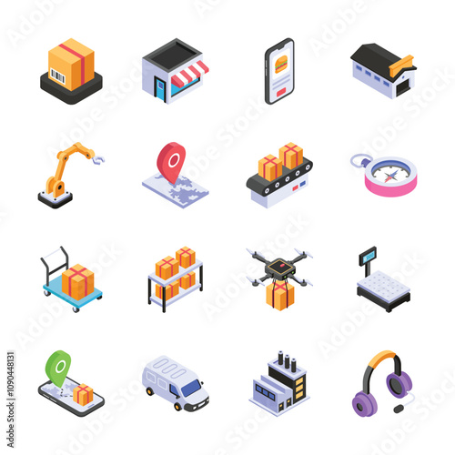This set of isometric icons represents various aspects of modern logistics and delivery services