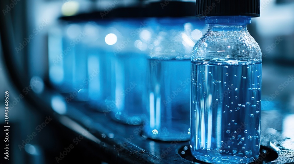 A row of blue bottles filled with sparkling water on a production line. A row of blue bottles filled with sparkling water on a production line.