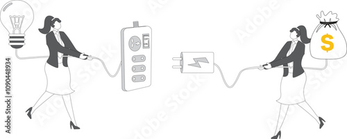 Two businesswomen holding huge wired power plugs and sockets ready to make connections for money and ideas