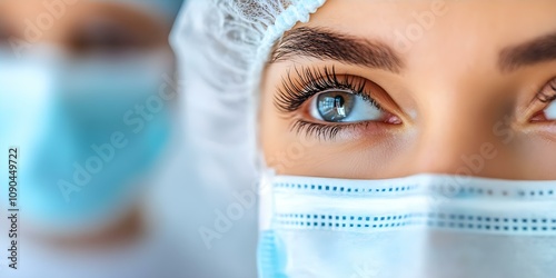 A close-up of a person's eyes wearing a surgical mask and cap, with a blurred figure in the background also wearing a mask. Concept Close-Up Portrait, Surgical Mask, Emotional Expression photo