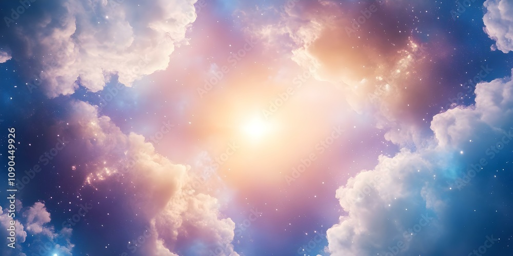 A vibrant cosmic scene featuring bright light at the center surrounded by colorful clouds and twinkling stars. Concept Cosmic Artwork, Bright Center Light, Colorful Nebulae, Twinkling Stars A vibrant cosmic scene featuring bright light at the center surrounded by colorful clouds and twinkling stars. Concept Cosmic Artwork, Bright Center Light, Colorful Nebulae, Twinkling Stars