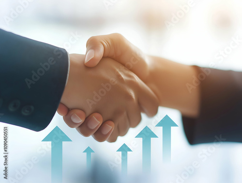 A handshake symbolizes partnership and growth, with arrows indicating upward momentum in business or collaboration.