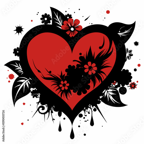 Grunge Valentine's design, distressed hearts, bold splashes, rough textures, faded florals, edgy red and black tones