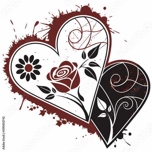 Grunge Valentine's design, distressed hearts, bold splashes, rough textures, faded florals, edgy red and black tones