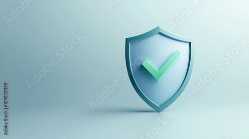 3D illustration of a shield with a green checkmark symbolizing security, protection, and approval against a soft blue background.