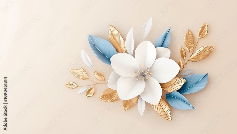 Fototapeta premium A beautiful arrangement of flowers with delicate white petals and elegant golden and blue leaves, set against a soft beige background, creating a serene and sophisticated display.