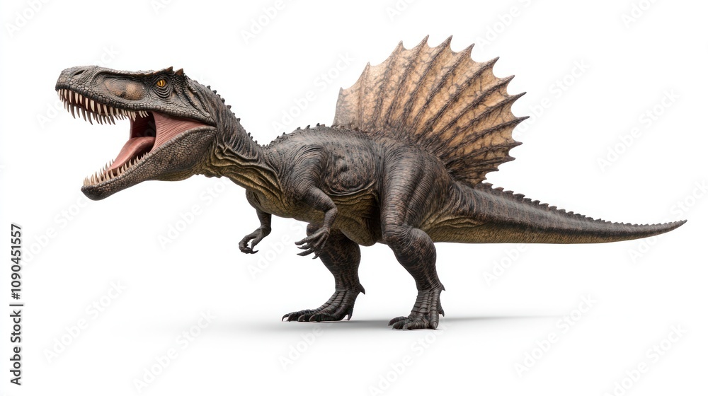 Fototapeta premium A realistic depiction of a Spinosaurus, showcasing its unique features and stance.