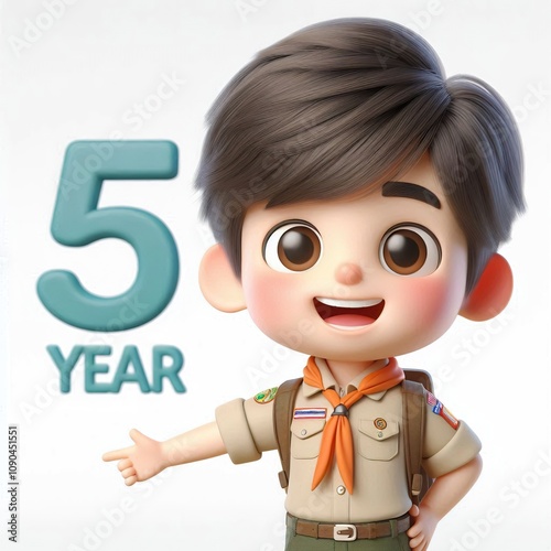 A cheerful 3D rendered cartoon boy scout with dark hair, wearing a khaki uniform and neckerchief photo