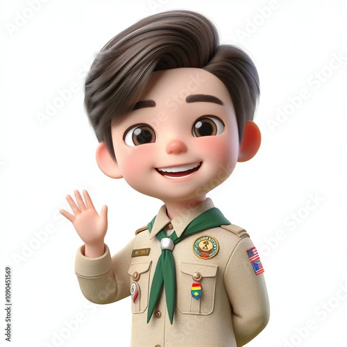 A cheerful 3D rendered cartoon boy scout with dark hair, wearing a khaki uniform and neckerchief