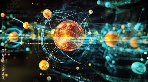 Abstract 3D rendering of a glowing atomic structure with orbiting particles and a dark background.