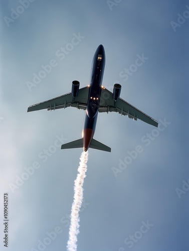 Airplane taking off with contrails clear sky aerial photography transportation upward view aviation dynamics for enthusiasts photo