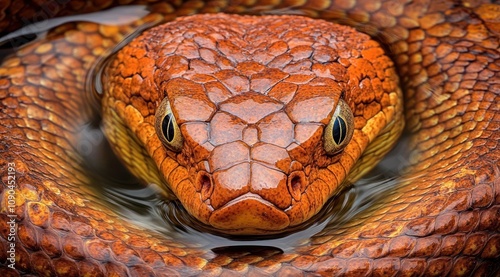 A close-up of a vibrant orange snake coiled in water, showcasing its scales and eyes. photo