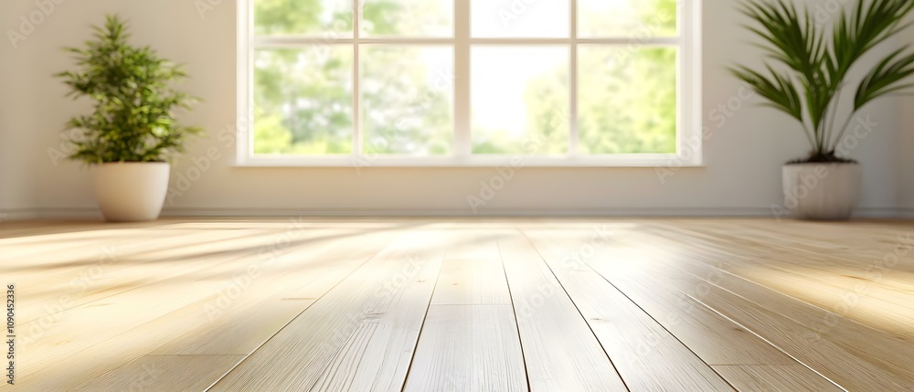 Fototapeta premium A bright room with wooden floor, large windows letting in natural light, and potted plants for a refreshing ambiance. Concept Bright Room Decor, Natural Light, Wooden Flooring, Indoor Plants