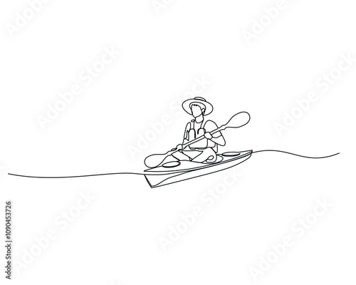 continuous line drawing of a man rowing a kayak