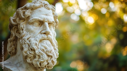 Statue of Socrates in an ancient Greek garden, blurred background