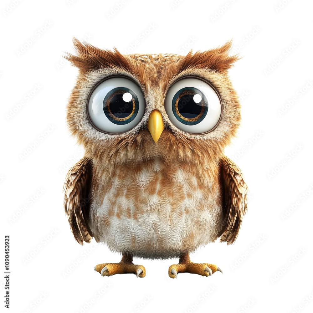 Fototapeta premium Adorable Cartoon Owl with Big Eyes and Fluffy Feathers Perfect for Illustrations, Children's Books, and Educational Materials in a Playful Setting