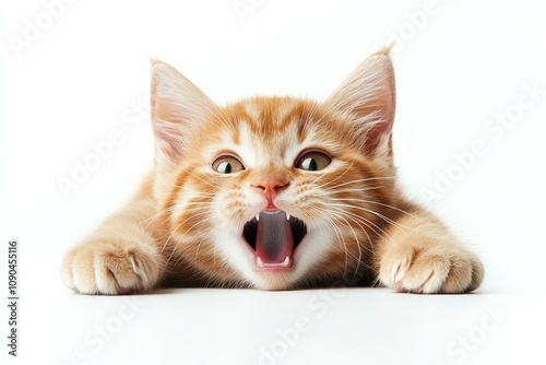 A cute ginger kitten playfully gestures with its paws and mouth open on a white background, full of energy and excitement. photo