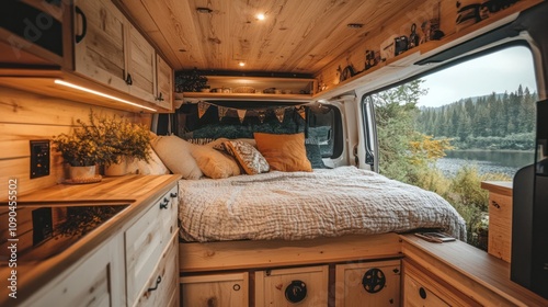 Van life lifestyle, enjoying freedom and flexibility by living and traveling in a van photo