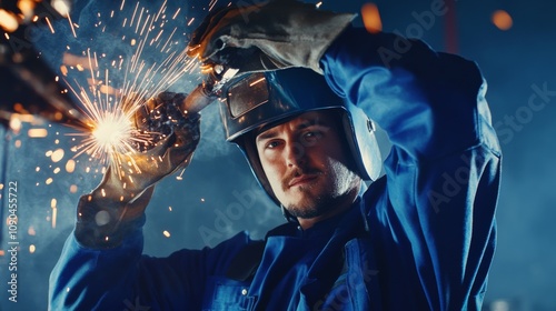 A welder in a blue jumpsuit and welding helmet, lifting the helmet visor and looking into the camera, with sparks flying from welding steel beams behind photo