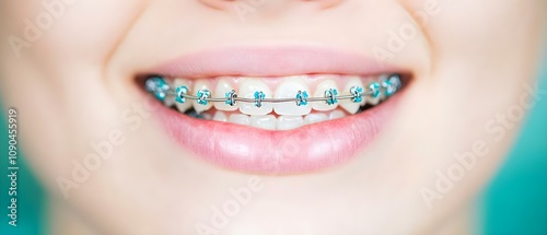 A close-up of a smiling person's mouth showcasing colorful braces on their teeth. Concept Braces Close-Up, Colorful Dental Accessories, Smiling Expression, Bright Smile, Oral Health Awareness