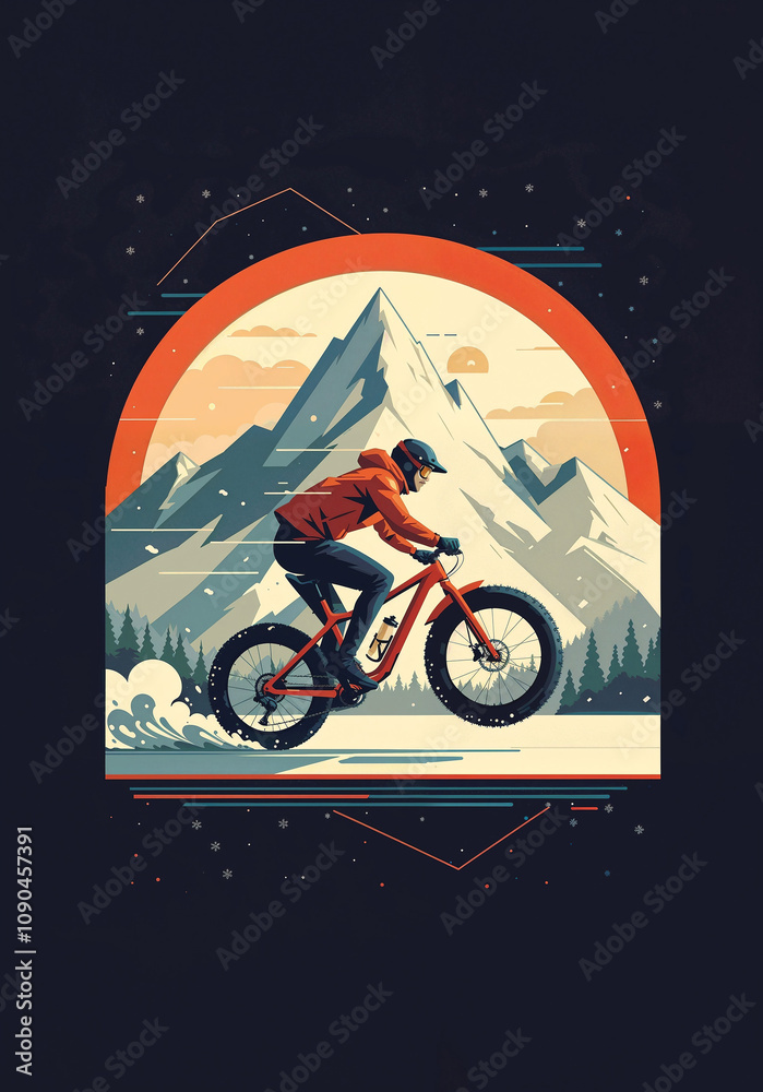 Fototapeta premium stylized abstract image of a cyclist on a fat bike in winter, vector emblem. Generative AI