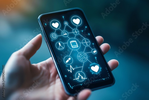 Wallpaper Mural A hand holds a smartphone displaying futuristic digital health icons connected by lines, symbolizing technology integration in healthcare and innovation in modern medical solutions Torontodigital.ca