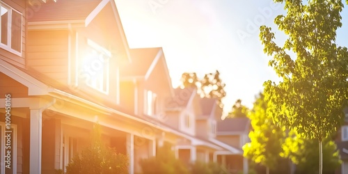 Sunlight shines on a row of suburban houses with trees lining the streets, creating a warm, inviting atmosphere. Concept Suburban Charm, Sunlit Streets, Inviting Atmosphere, Tree-Lined Homes
