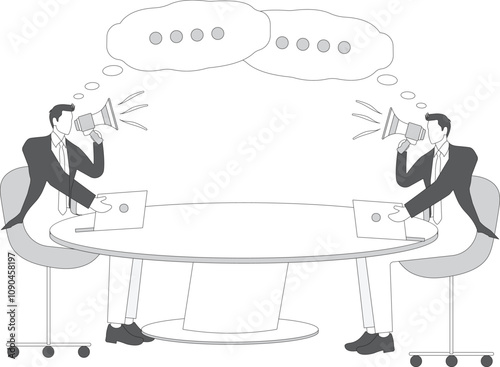 Two businessmen sitting at the long conference table and discussing with megaphone