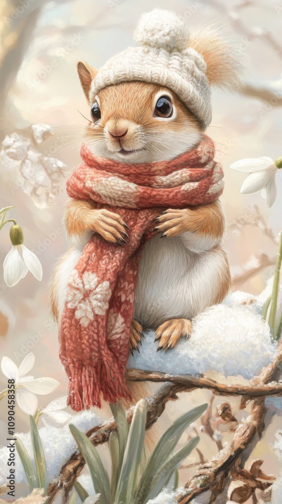 Fototapeta premium Adorable squirrel in cozy winter attire amidst a snowy landscape, AI