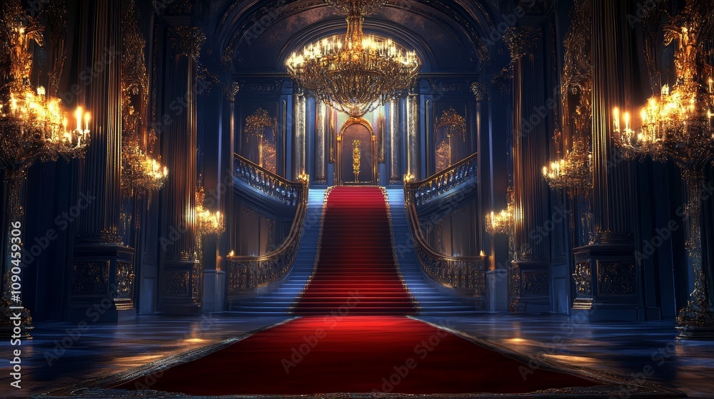 Obraz premium A majestic hallway in a royal palace illuminated at night.
