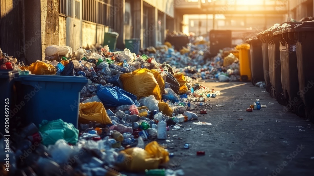 Overflowing trash cans and scattered refuse highlight the challenges of waste disposal. Overflowing trash cans and scattered refuse highlight the challenges of waste disposal.