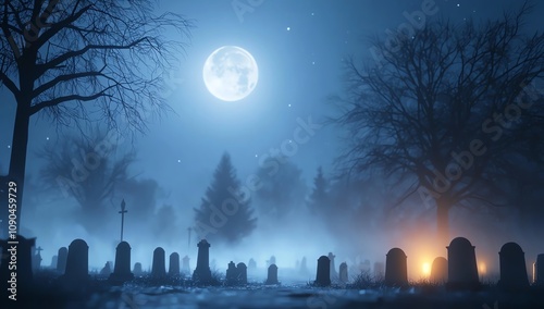 A moonlit night in a misty cemetery, where silhouettes of gravestones and bare trees create an eerie, tranquil atmosphere under the glowing full moon. photo