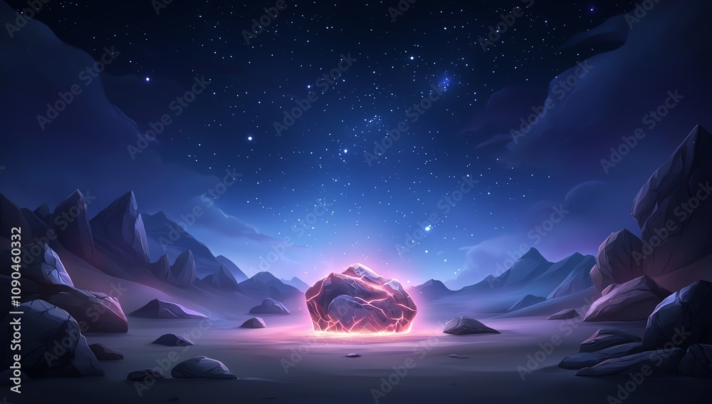 Obraz premium A mystical night scene with a glowing meteor situated in an alien desert landscape, surrounded by stars, mountains, and a serene sky.