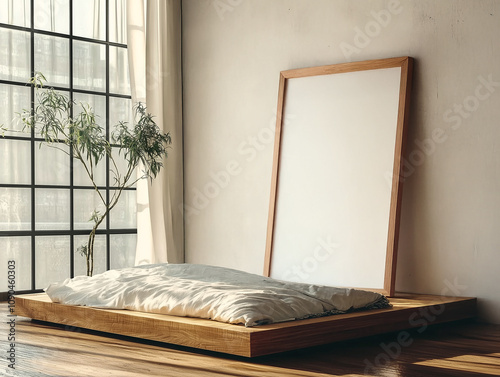 Minimalist Frame in Japanese Room Style: A3 size minimalist photo frame, mounted on a wall in an Japanese inspired style bedroom photo