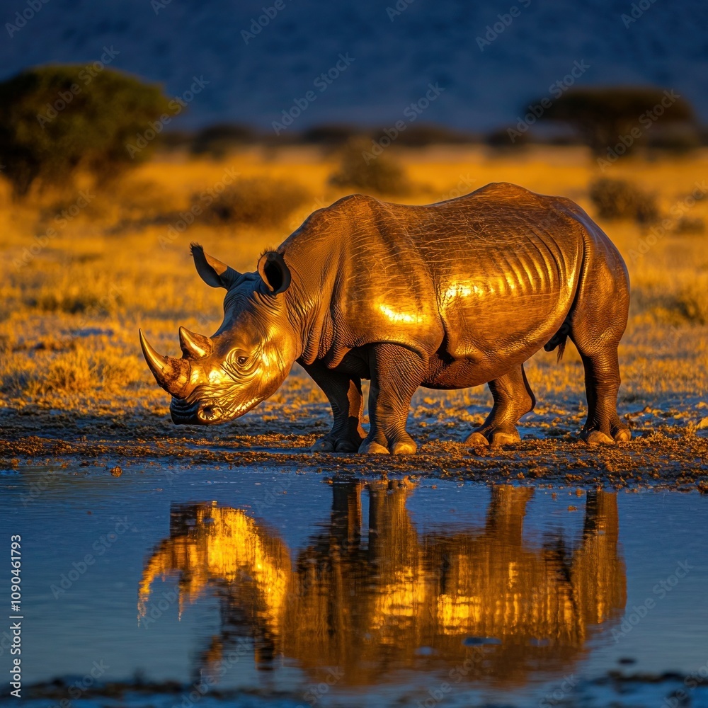 Fototapeta premium Reflections of a Black Rhino at Okaukuejo Waterhole in Etosha National Park: A Wildlife Safari and Game Drive in Namibia, Africa