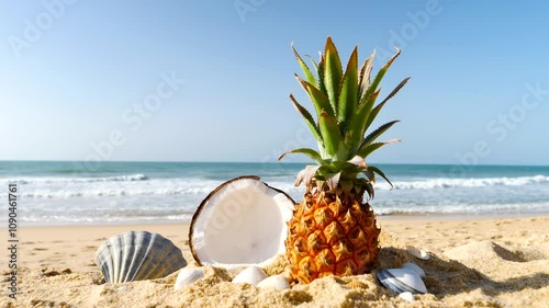 pineapple,coconut on the beach