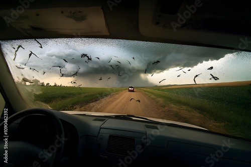 A car travels along a dirt road, surrounded by a swirling cloud of birds in flight while a tornado supercell is moving ahead.